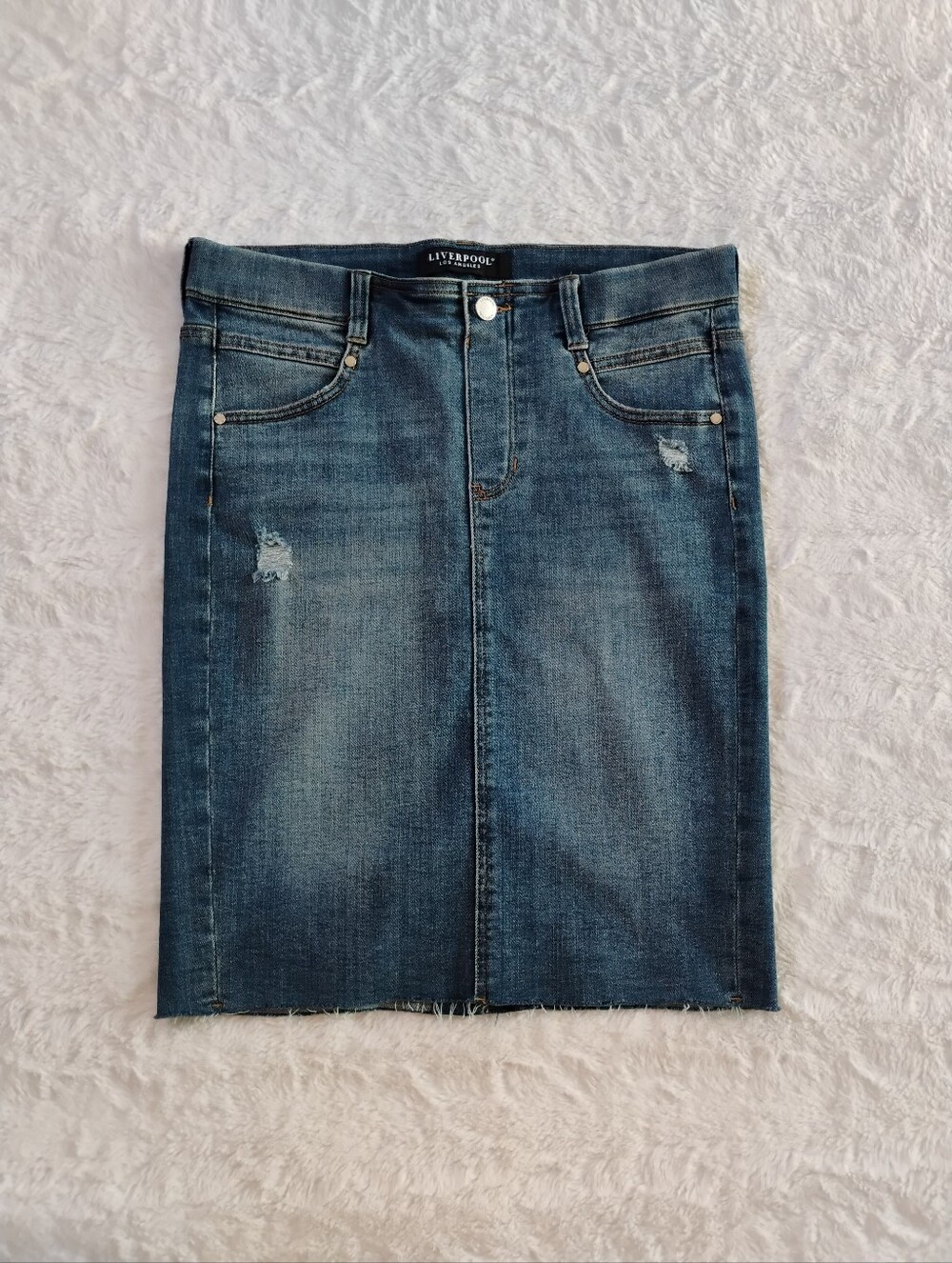 Liverpool Denim Gia Distressed Raw Hem Slip On Skirt
